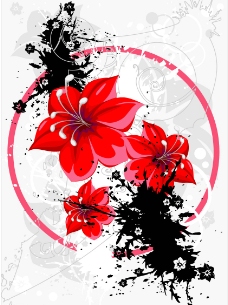 玫瑰花卉与墨迹矢量素材图片